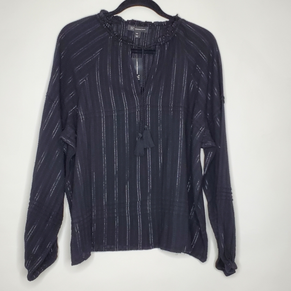 Boho Peasant Top Tassel Tie XXL Long Puff Sleeve Metallic Striped Blouse NEW